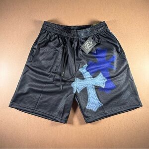 Men’s Black Mesh Streetwear Shorts Cross Graphic Below Knee New